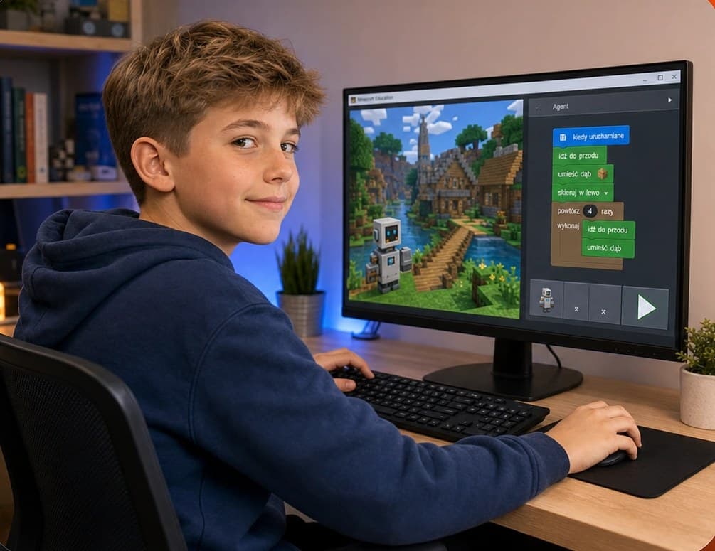 Nasmiješeni dječak za laptopom nakon uspješne nastave tečaja programiranja